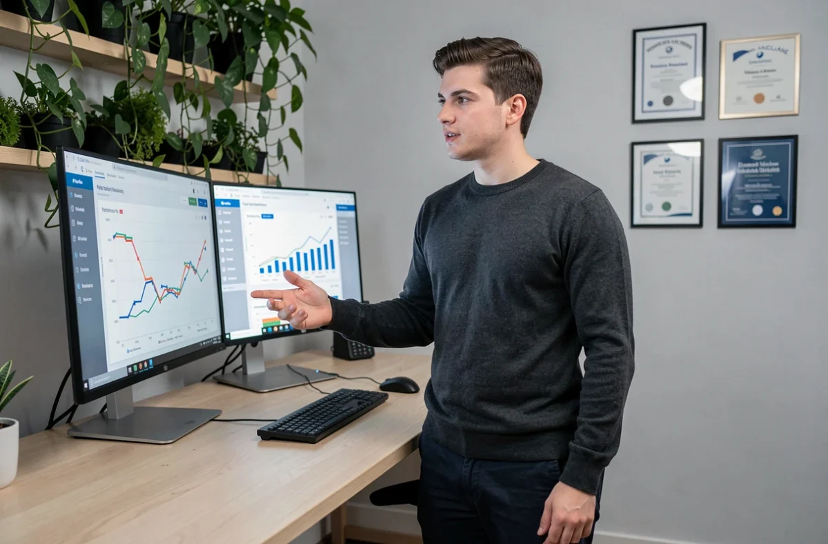 Stratège digital d'Acelane analysant des campagnes de marketing à la performance sur deux écrans dans un bureau épuré
