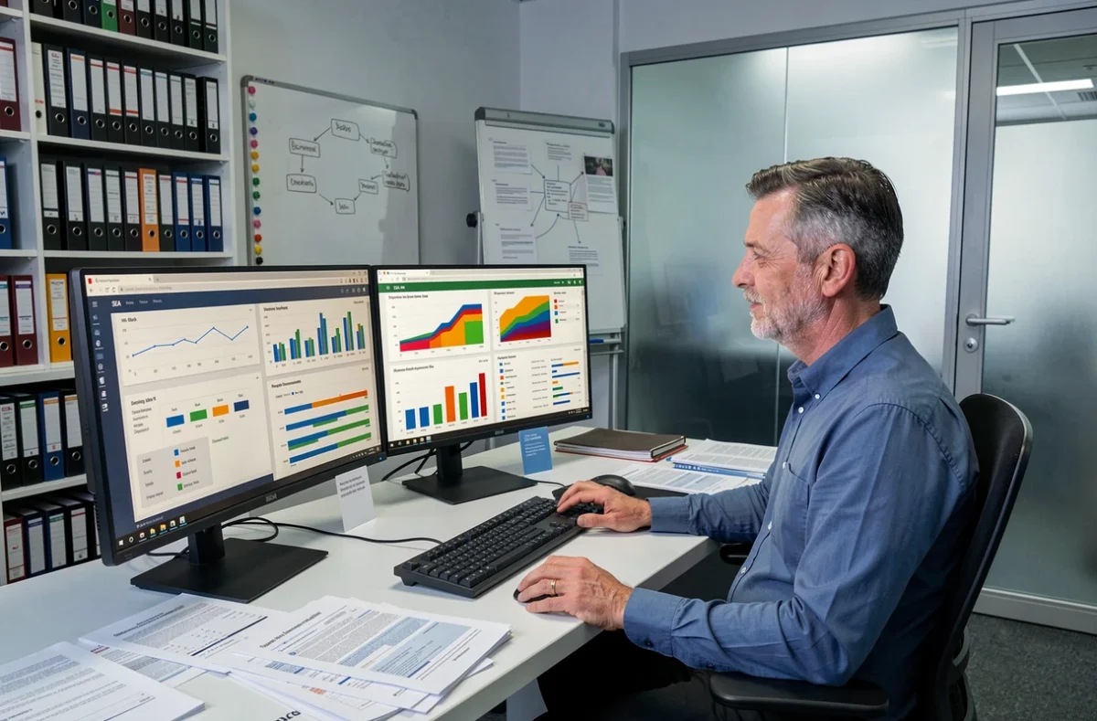 Consultant en SEA et marketing digital d'Alesta Computer travaillant sur des tableaux de bord de performance publicitaire