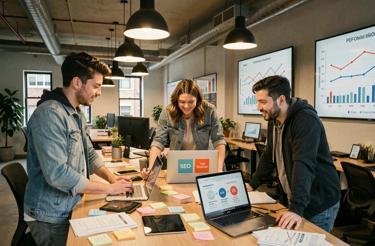 Équipe de growth marketing de Growth Room collaborant sur une stratégie multi-levier avec données analytiques
