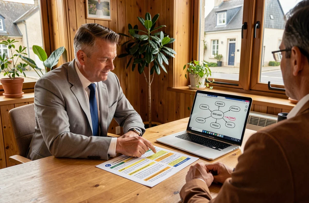 Consultant de l'agence Aurone présentant une stratégie SEO sur-mesure personnalisée à un client lors d'une réunion