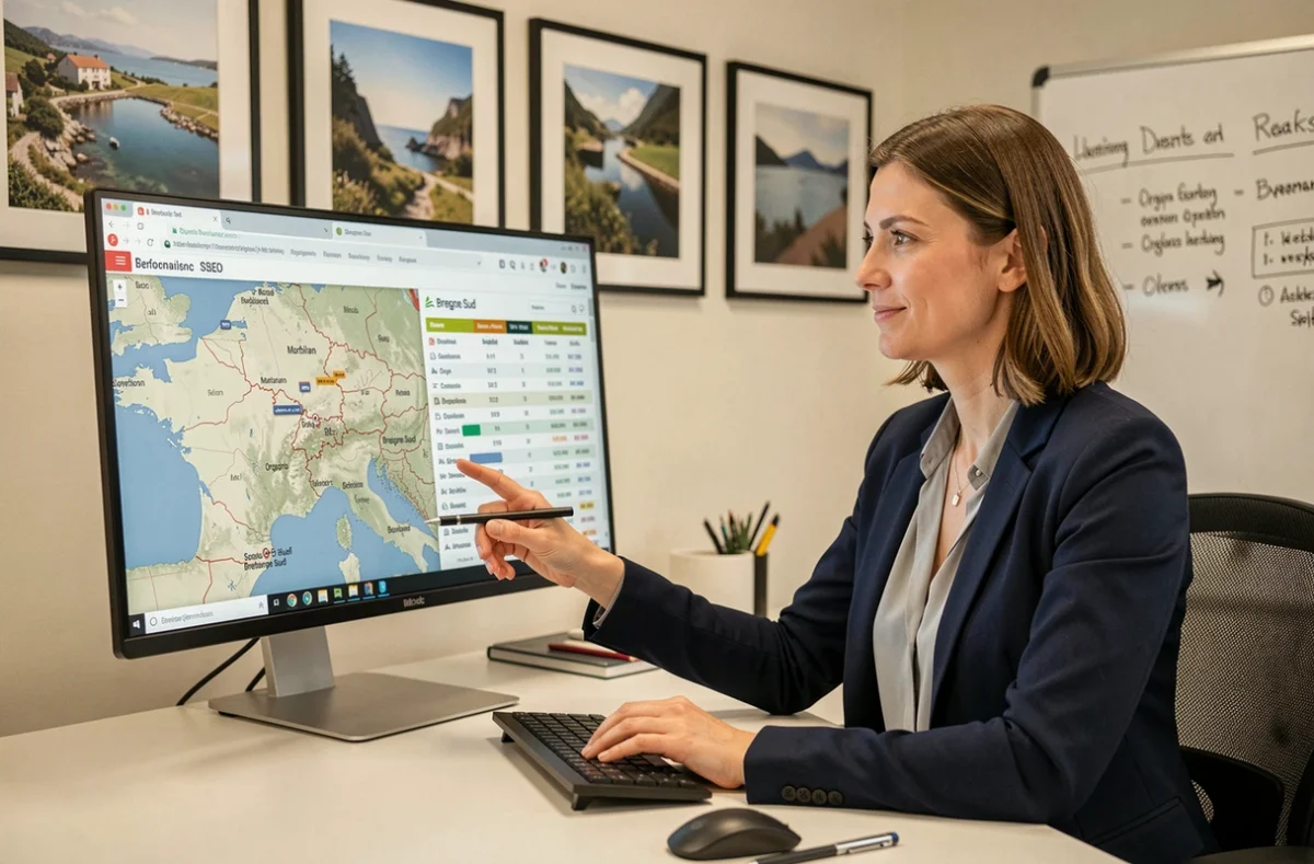 Consultante SEO de l'agence e-declic Bretagne Sud analysant les performances de référencement régional sur son écran