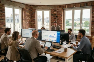 Vue panoramique d'une agence de marketing digital en Centre-Val de Loire avec des professionnels travaillant sur des campagnes Google Ads
