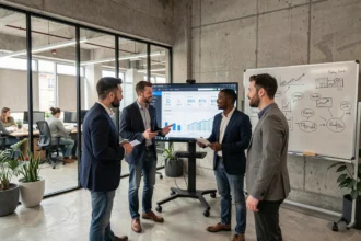 Équipe d'une agence de marketing digital en Seine-Saint-Denis travaillant ensemble autour d'écrans d'analyse dans un bureau moderne