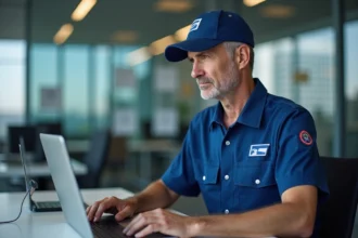 Agent postal en uniforme au bureau moderne