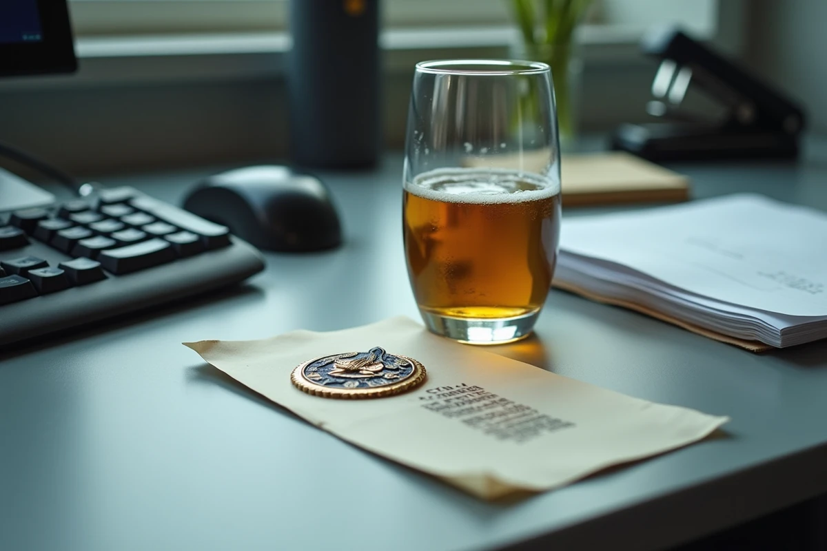 Verre de vin et bouteille de bière posés sur un bureau administratif avec des documents officiels et un badge de fonctionnaire