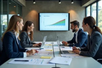 Équipe marketing et commerciale alignée autour d'une table de réunion avec rapports et tableaux de bord de vente