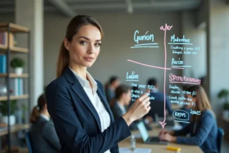 Responsable marketing analysant une matrice SWOT sur tableau blanc dans un bureau moderne d'agence digitale