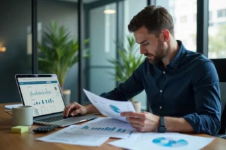 Analyste B2B concentré calculant le seuil de rentabilité sur des tableaux financiers imprimés dans un bureau moderne