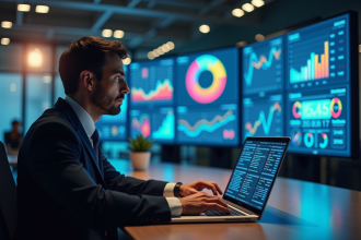 Professionnel marketing analysant des données sur un ordinateur avec graphiques colorés