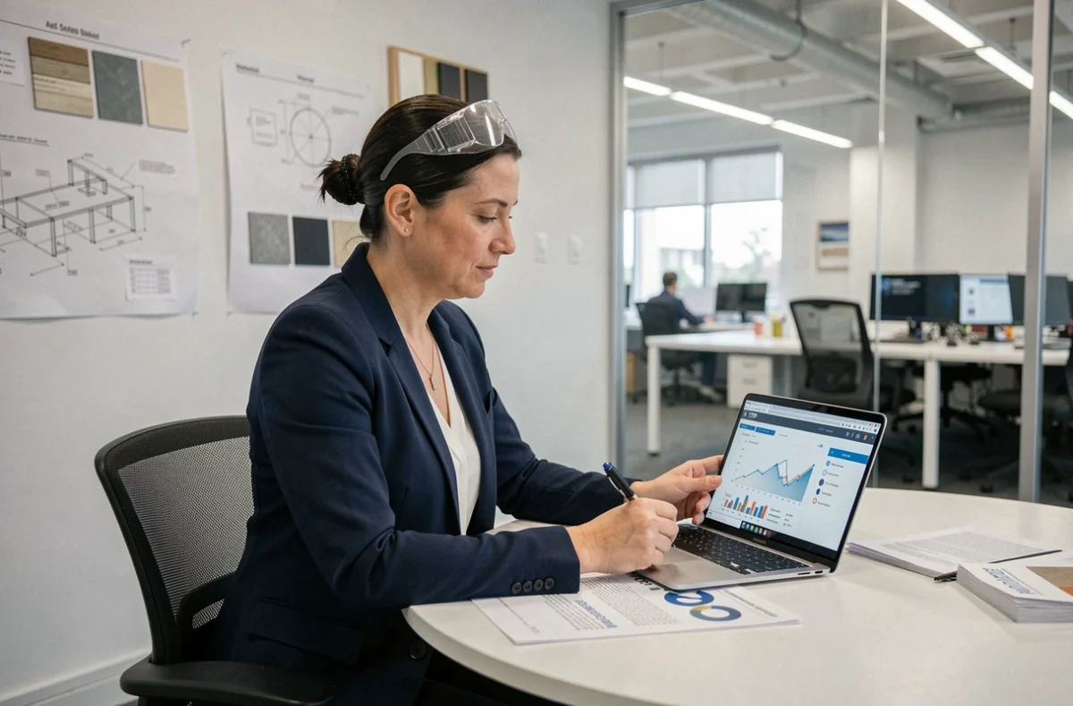 Architecte BTP féminine analysant des rapports de veille réglementaire construction lors d'une réunion d'équipe