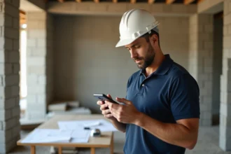 Artisan BTP consultant son smartphone pour trouver un chantier via une plateforme en ligne