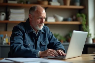 Artisan homme en bureau à domicile attentif à son profil