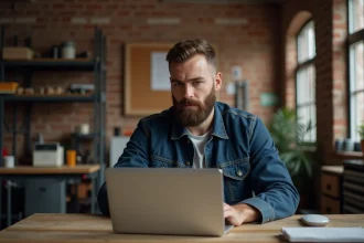 Artisan homme barbu travaillant sur son ordinateur dans un atelier