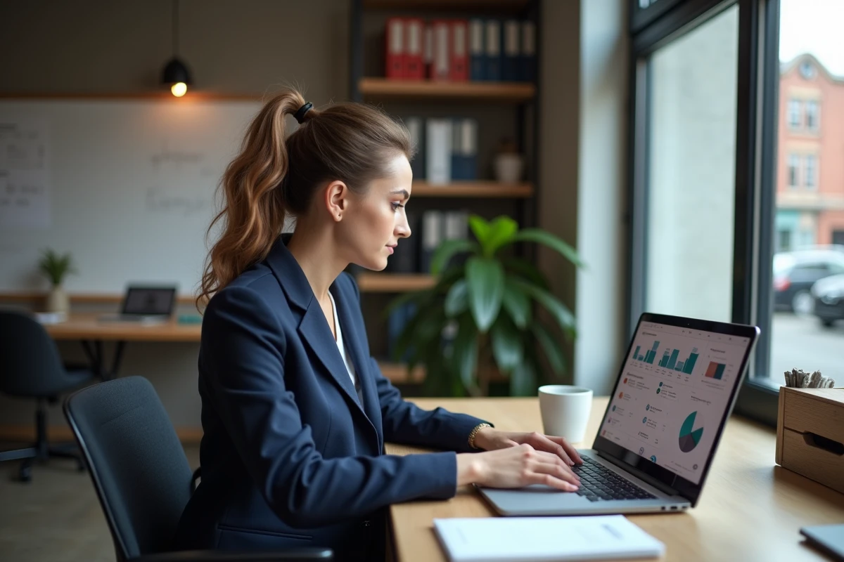Artisane du bâtiment utilisant un logiciel de gestion Extrabat sur ordinateur portable dans son bureau