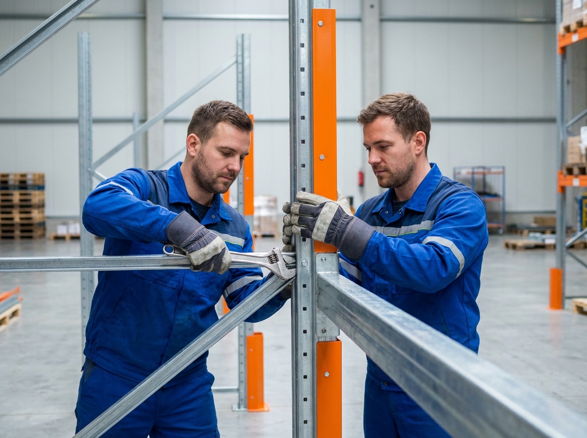 Techniciens en train d'assembler des rayonnages industriels acier dans un entrepôt logistique du sud-ouest de la France