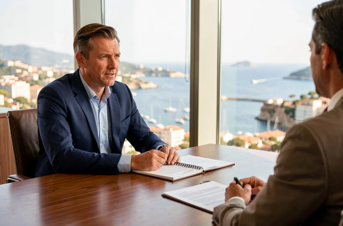 Avocat en droit du travail au barreau de Nice en consultation avec un client dans un bureau avec vue sur la Baie des Anges
