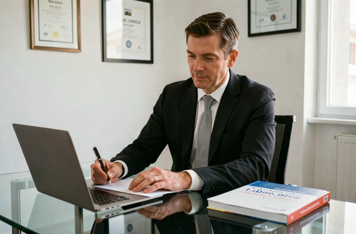 Avocat en droit du travail au barreau d'Aix-en-Provence consultant un document juridique à son bureau moderne