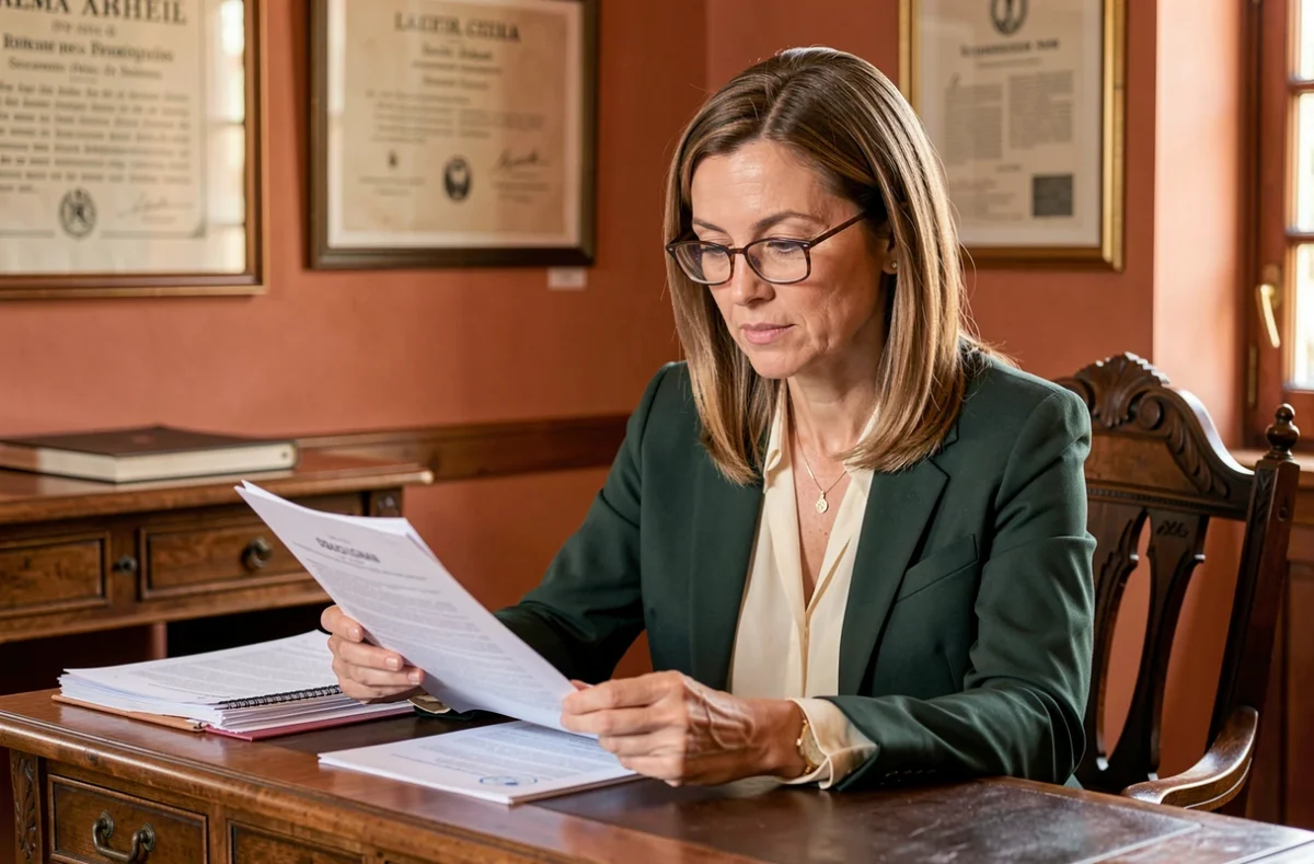 Avocate au barreau de Draguignan spécialisée en droit du travail examinant un dossier dans son bureau au style provençal