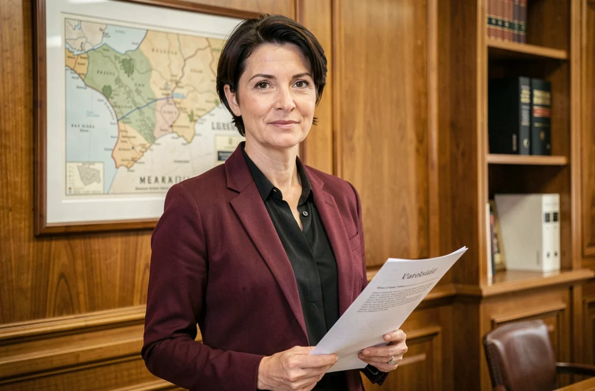 Avocate au barreau de Marseille spécialisée en droit du travail tenant un dossier juridique dans son cabinet au boisé chaleureux