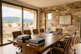 Salle de réunion d'un cabinet d'avocats en droit du travail en Provence-Alpes-Côte d'Azur avec vue sur les toits provençaux