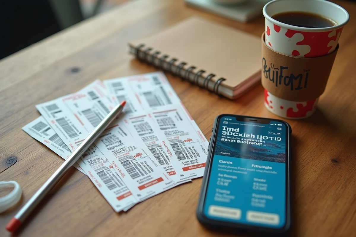 Billets de loisirs et smartphone posés sur une table en bois pour planifier les bons plans CE Loxam 2026