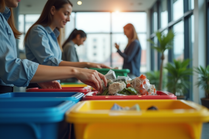 Employes triant des déchets recyclables dans un bureau moderne