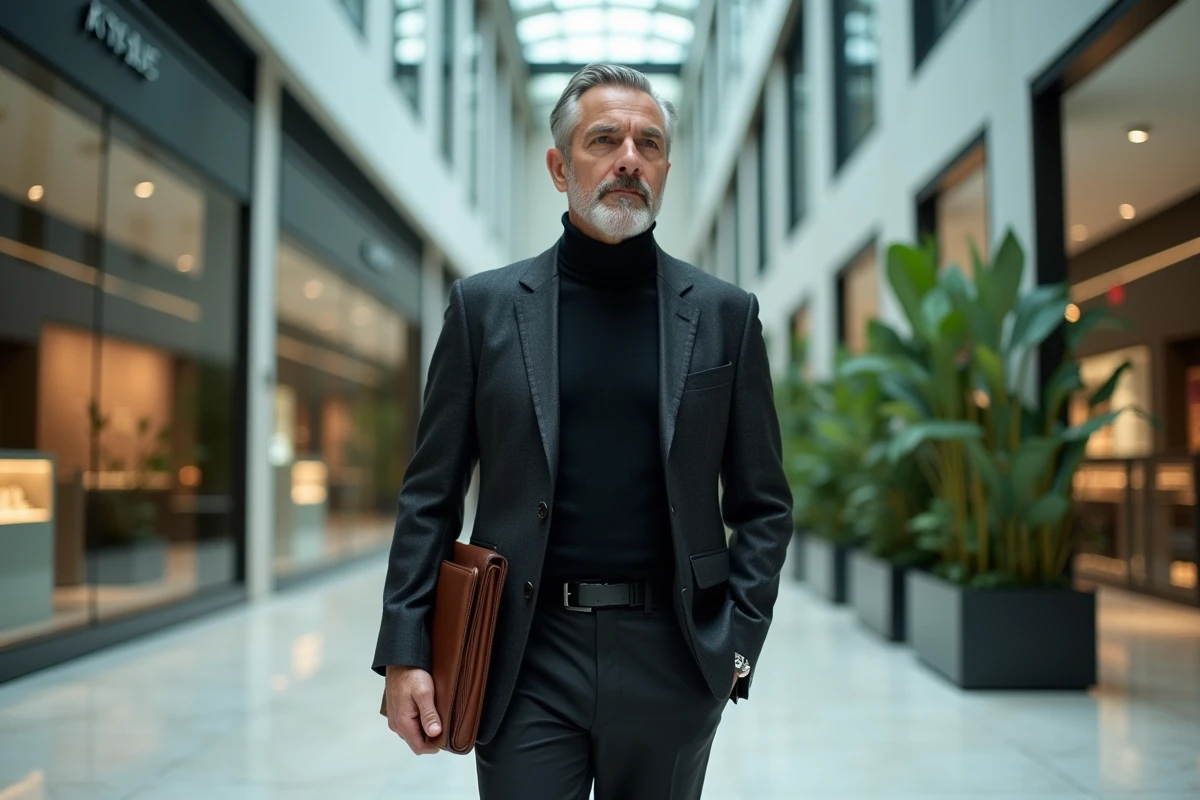 Cadre dirigeant de L'Oréal traversant l'atrium moderne du siège social, allure déterminée et posture professionnelle dans un espace architectural contemporain