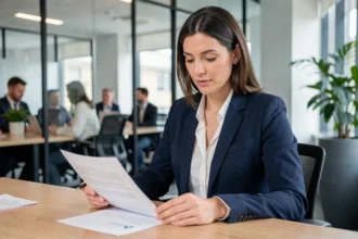 Femme professionnelle en bureau calculant son préavis de démission en lisant un document de travail