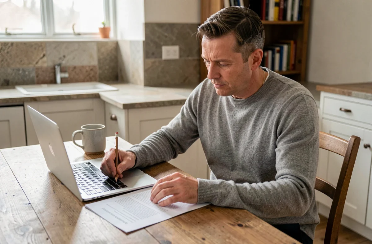 Homme à domicile consultant son contrat de travail pour calculer la durée de son préavis de démission