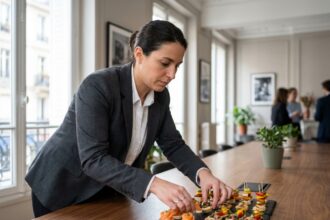 Caterer professionnelle arrangeant des canapés colorés dans un bureau parisien