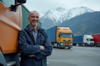 Conducteur de camion suisse devant son poids lourd dans un dépôt