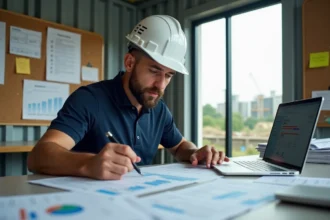 Chef de chantier comparant plusieurs devis papier dans un bureau de chantier préfabriqué avec vue sur un site de construction