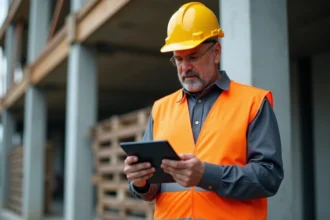 Chef de chantier BTP consultant une application de contrôle de sécurité sur tablette numérique sur un site de construction actif