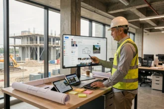 Chef de projet BTP consultant une veille sectorielle sur ordinateur dans un bureau moderne avec vue sur chantier