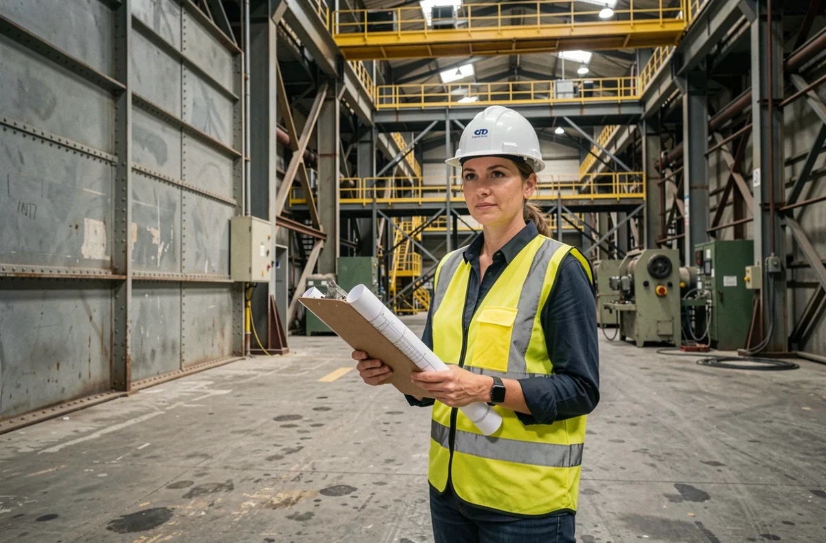 Cheffe de projet industrielle avec casque et gilet de sécurité tenant des plans techniques dans une usine moderne