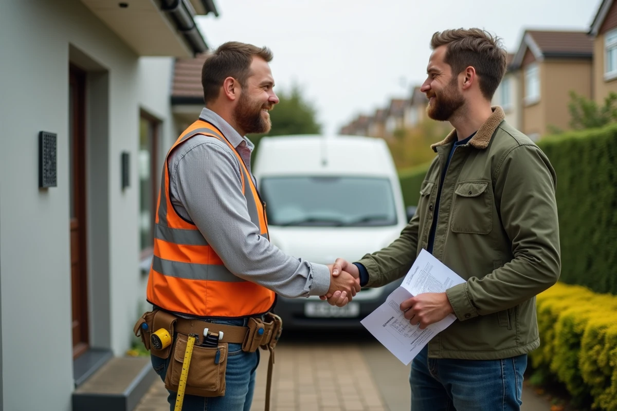 Client et artisan BTP se serrant la main devant une façade rénovée après accord sur les travaux