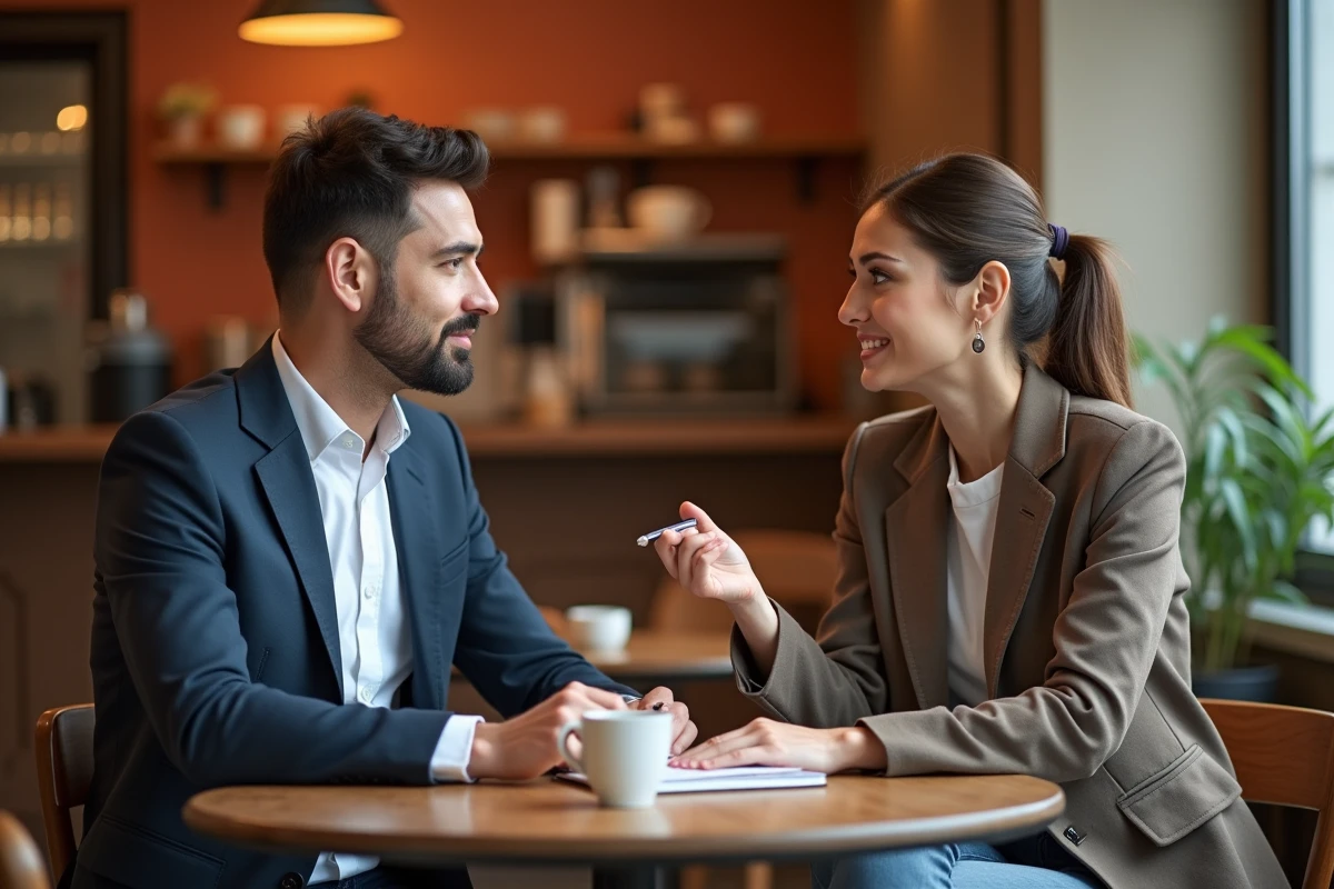 Deux anciens auditeurs Big 4 discutant de leur reconversion professionnelle autour d'un café dans un cadre informel de coaching de carrière