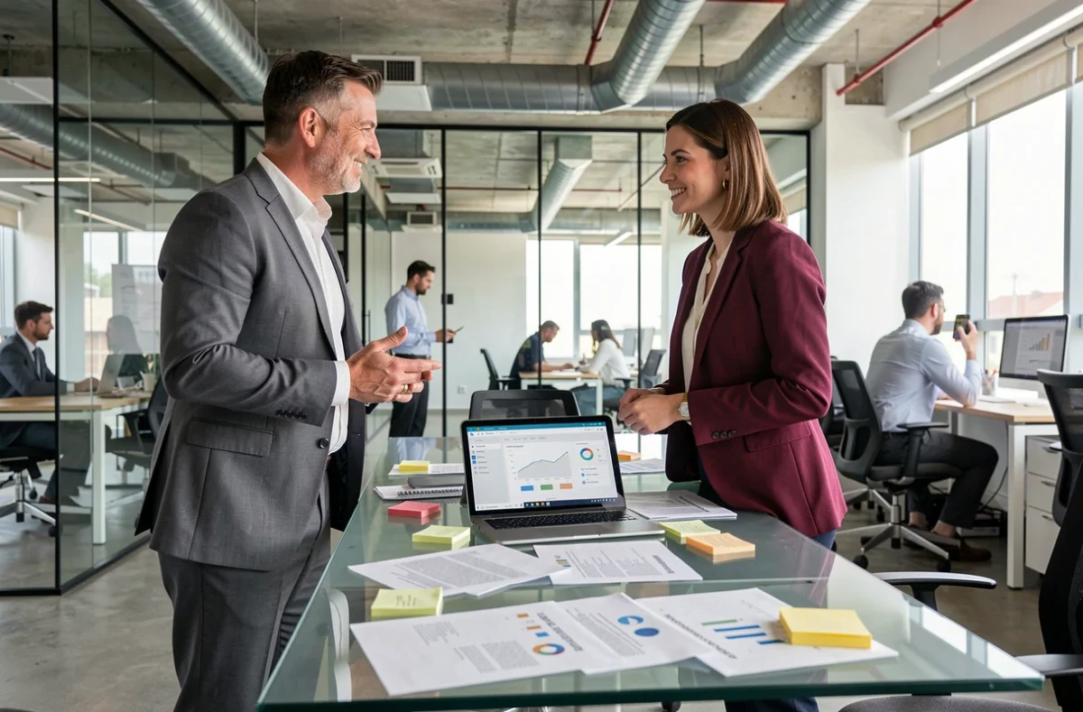 Deux professionnels B2B collaborant autour d'outils technologiques innovants dans un espace de travail moderne