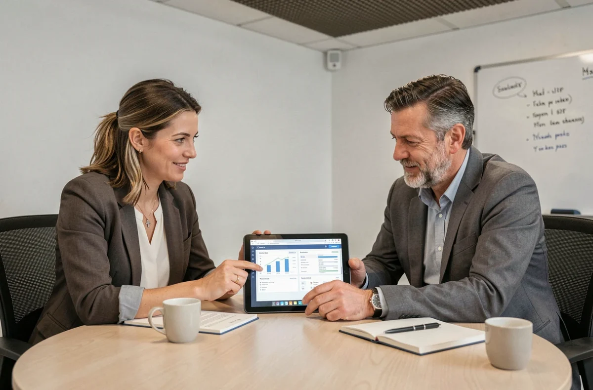 Deux professionnels de la finance collaborant sur un portail comptable via tablette en salle de réunion