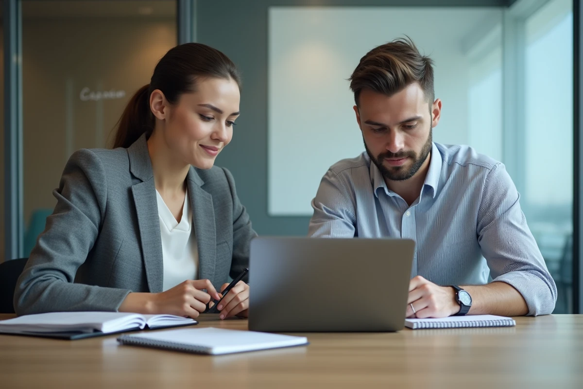 Deux collègues en salle de réunion consultant ensemble un portail RH de type MyPeopleDoc