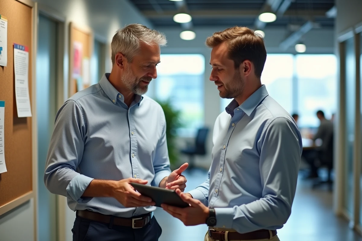 Deux collègues discutant avec une tablette dans le couloir