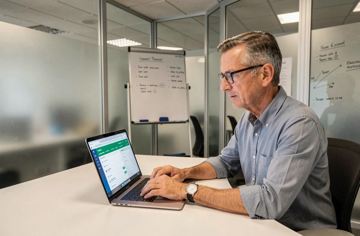 Chef d'entreprise comparant des offres de location de bureaux en ligne dans un bureau privatif en banlieue parisienne