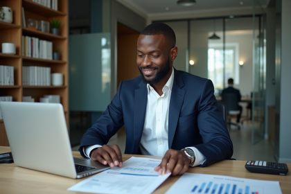 Comptable africain en bureau moderne avec documents financiers