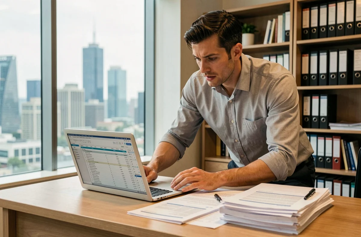 Comptable homme analysant des rapports financiers sur laptop dans un bureau avec vue sur la ville