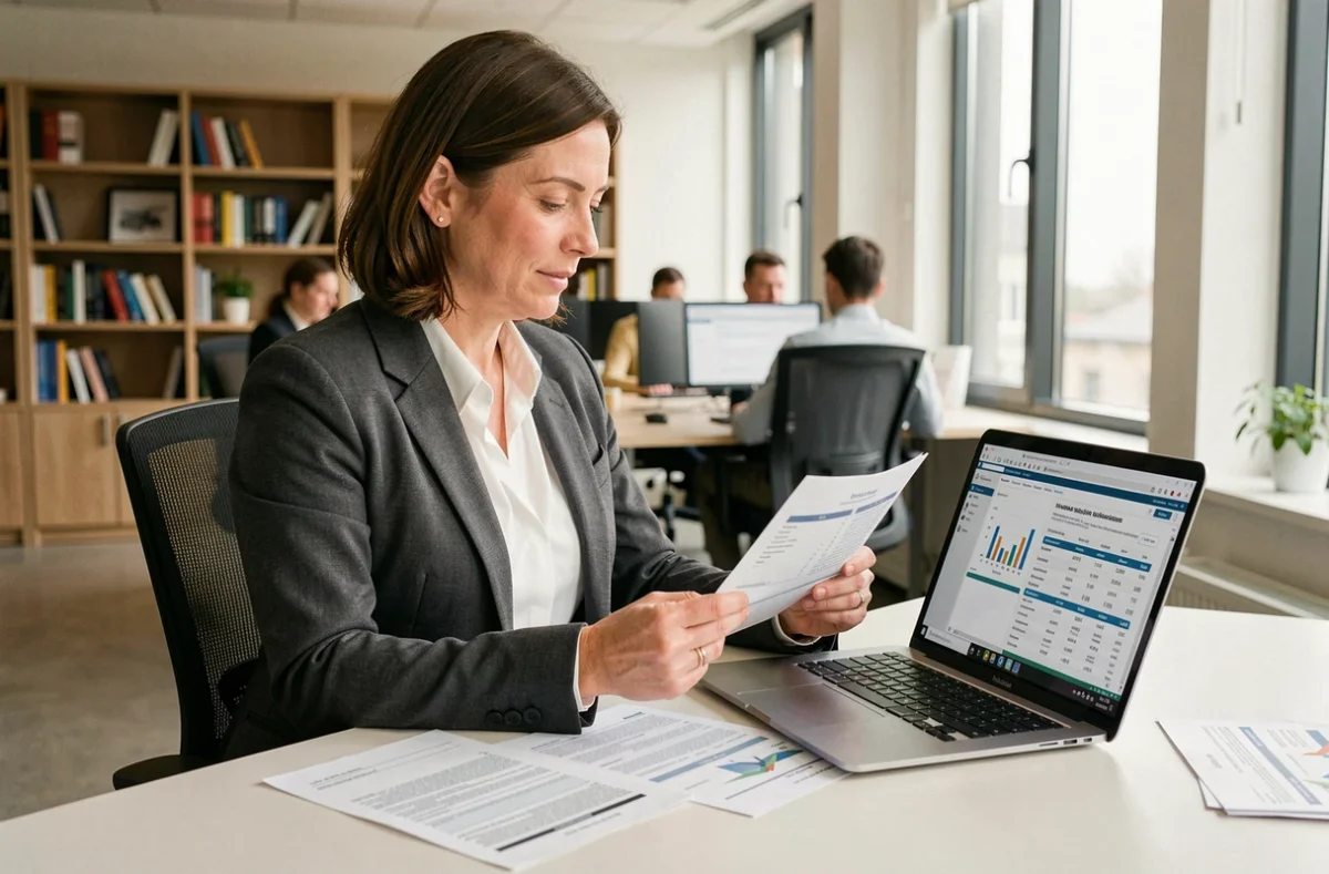 Comptable analysant des tableaux de fiscalité des véhicules de société sur son bureau dans un bureau moderne