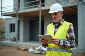 Conducteur de travaux consultant le logiciel Extrabat sur tablette sur un chantier de construction en 2026