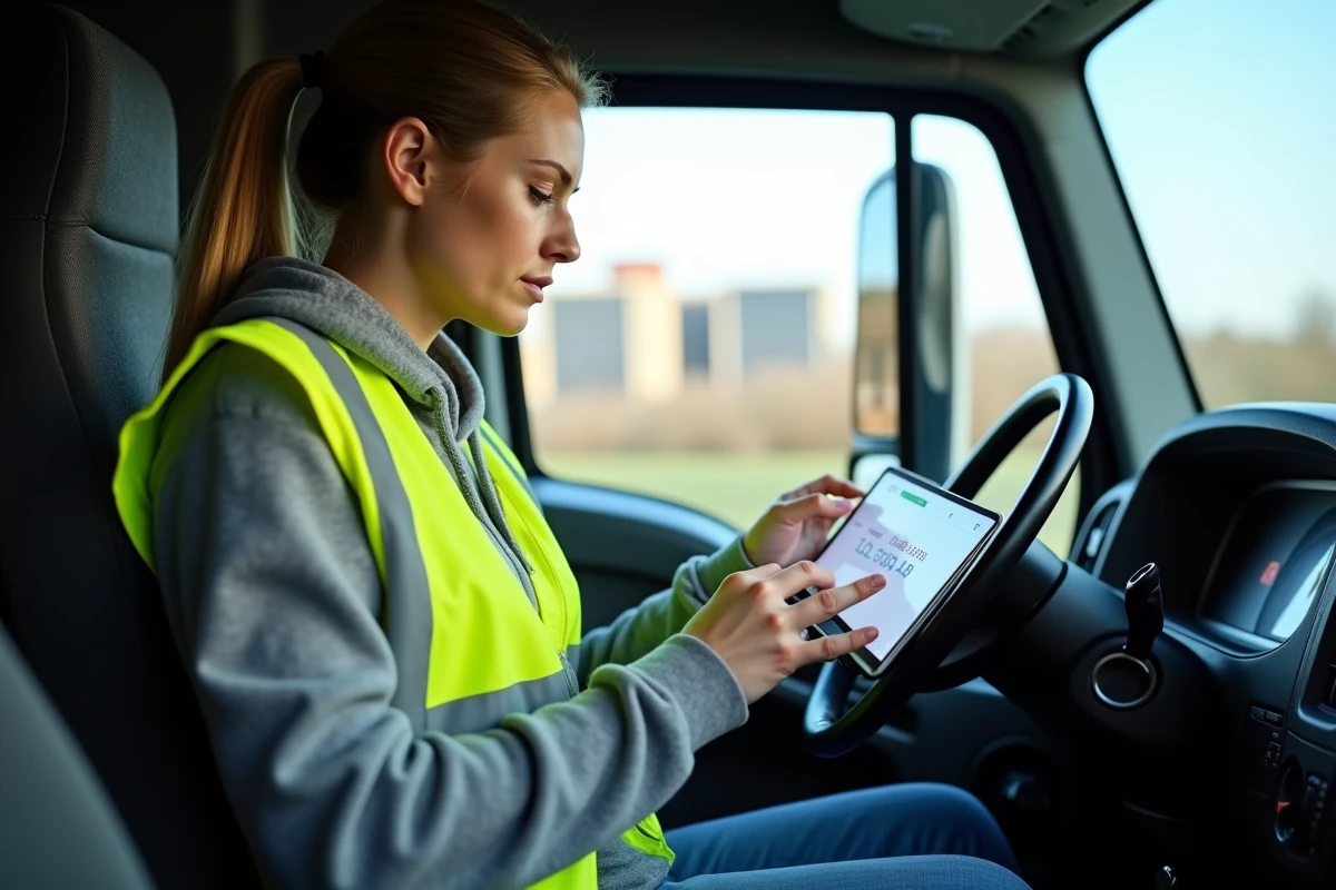 Conductrice suisse utilisant une tablette dans la cabine du camion