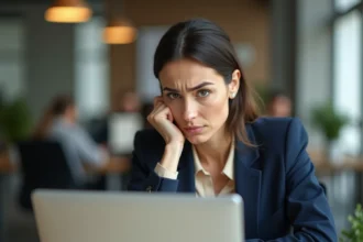 Femme frustrée devant un message d'erreur de connexion sur son ordinateur portable au bureau