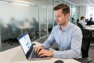 Employé de banque connecté à son espace RH BNP Paribas via SSO sur un ordinateur portable en open space