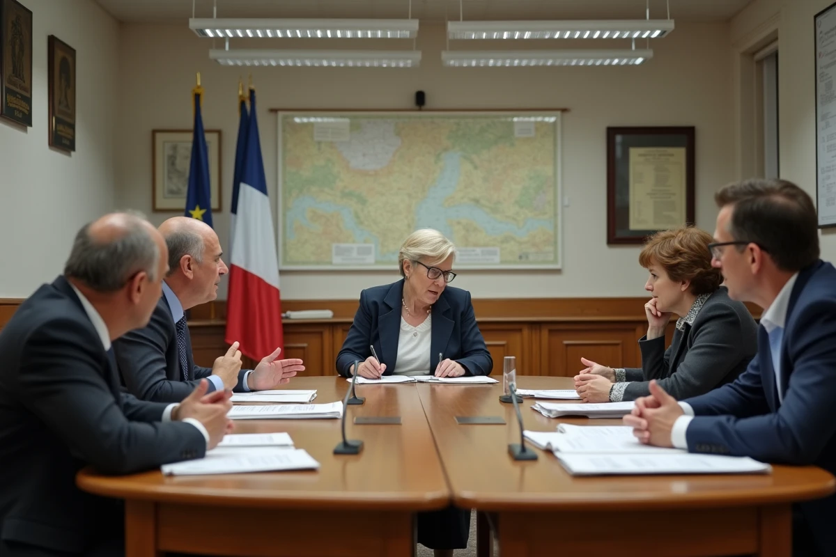 Réunion du conseil municipal dans une salle d'hôtel de ville corse avec élus en délibération autour d'une table